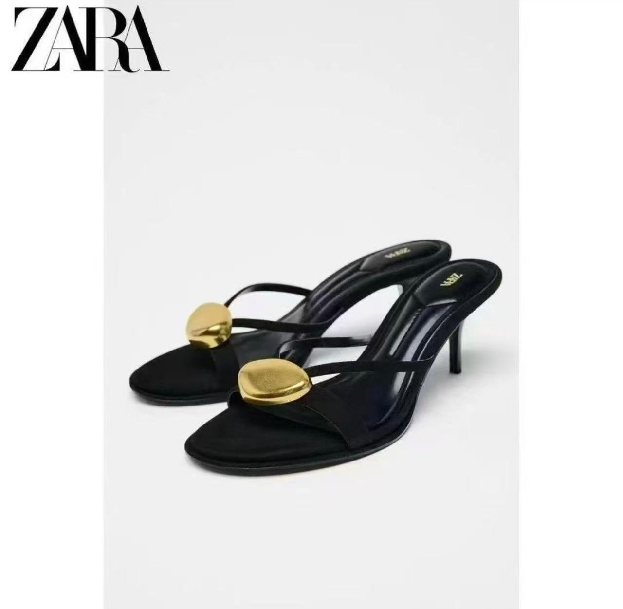 Zara strappy kitten heels featuring a metallic gold ball appliqué detail