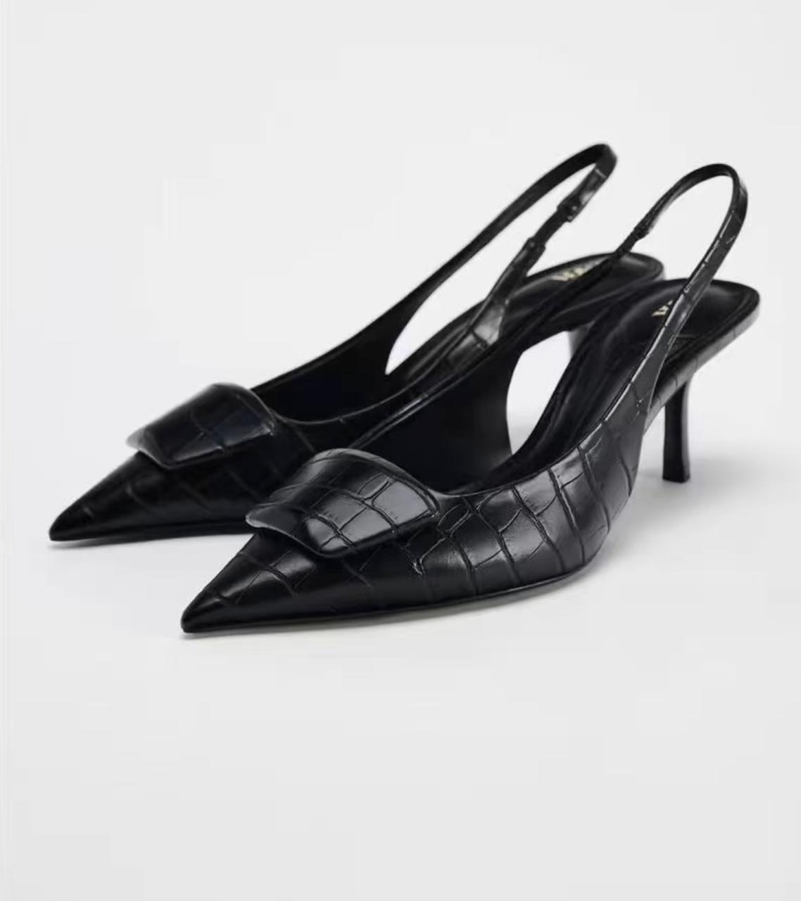 Zara printed slingback heels black pumps croc