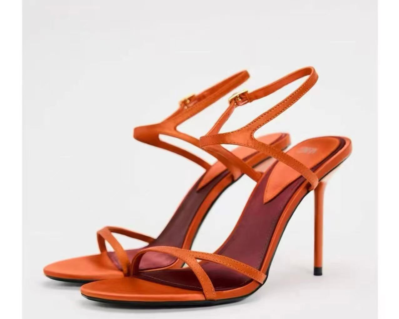orange satin Zara high-heeled strappy sandals