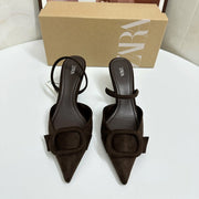 Zara brown Square Buckle Pointed Toe Strap High Lady Shoes