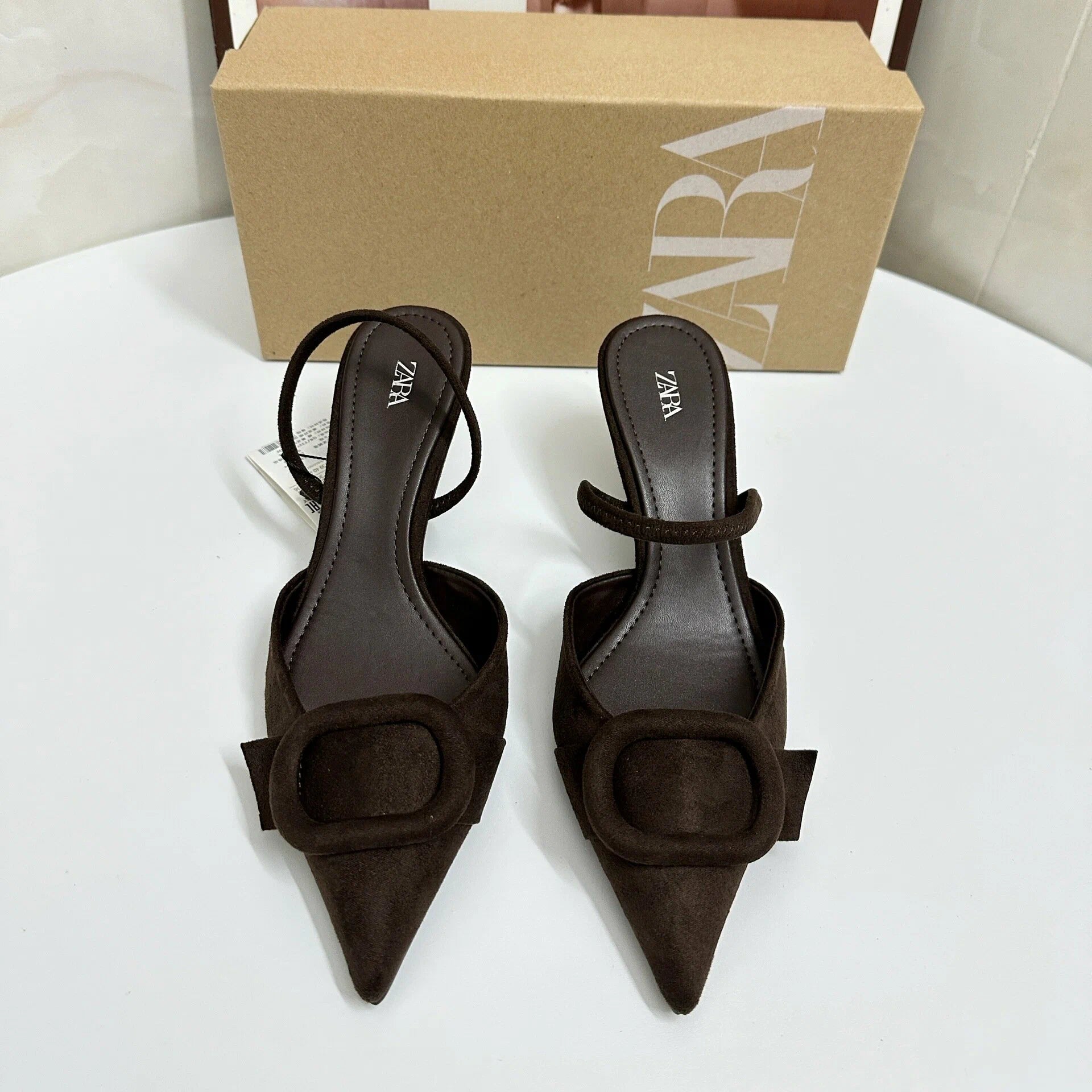 Zara brown Square Buckle Pointed Toe Strap High Lady Shoes