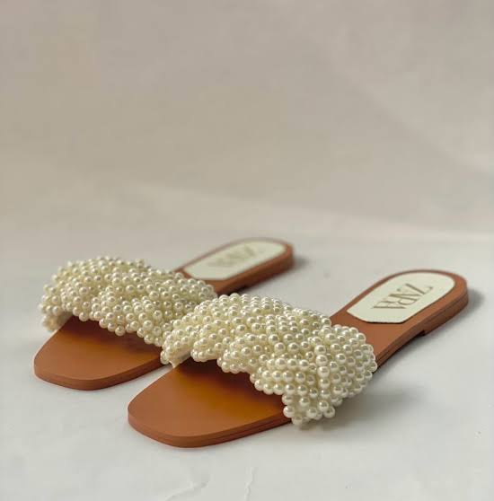 Zara pearl beaded flat slide sandals in white.
