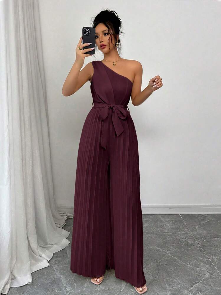 Elenzga Elegant Apricot Ruched Waist Wide Leg Jumpsuit For Women