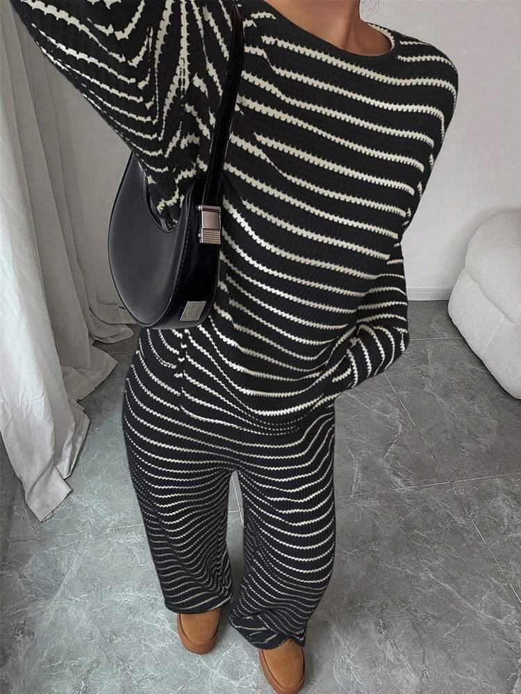 Women's Black & White Striped Drop Shoulder Long Sleeve T-Shirt And Elastic Waist Striped Pants 2-Piece Set, Casual, Commuting, Vacation, Bohemian Style Spring Elegant