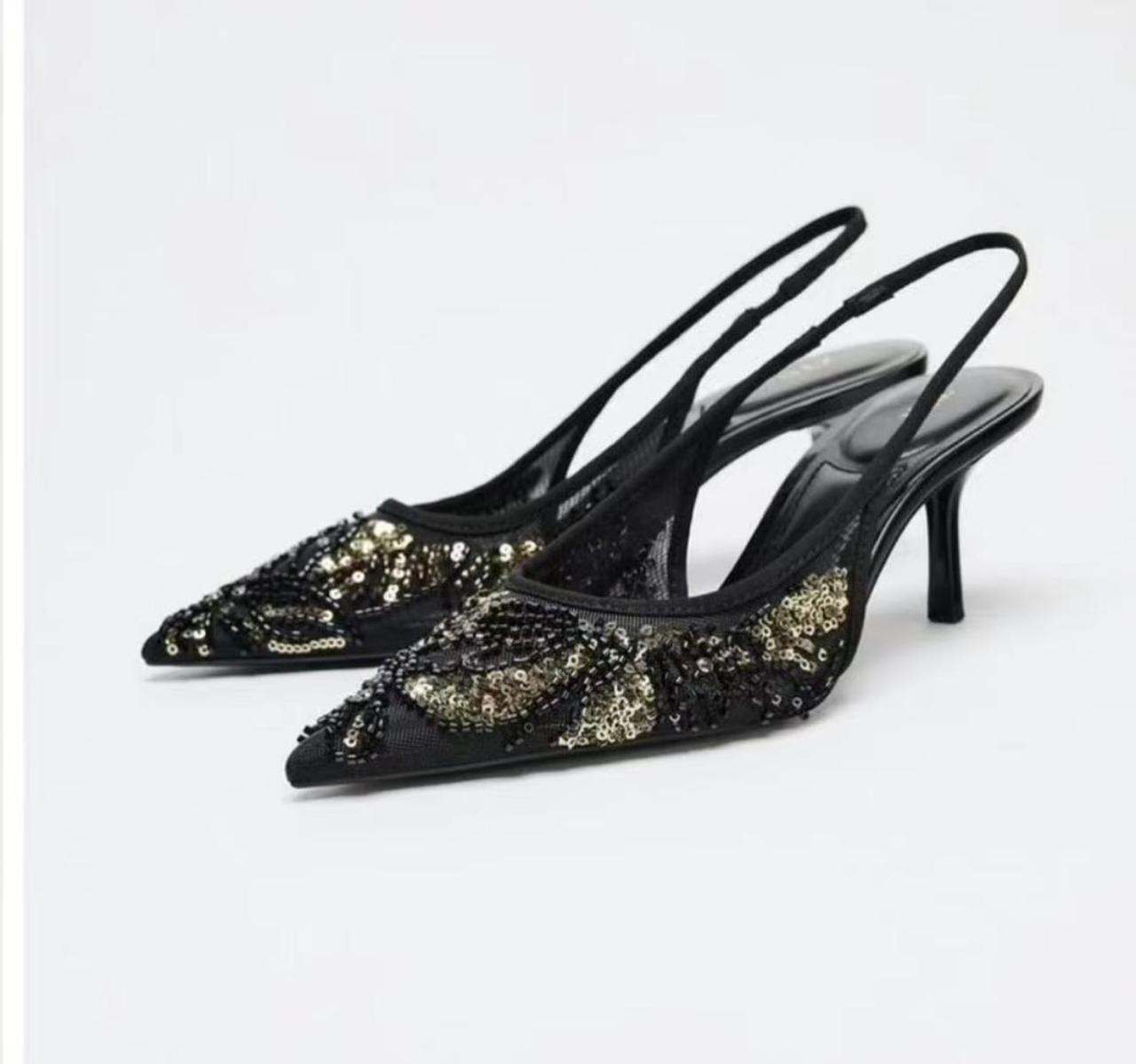 Zara black and gold sequined mesh slingback heels