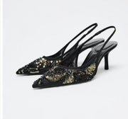 Zara black and gold sequined mesh slingback heels