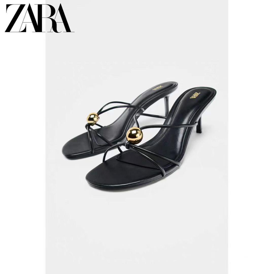 Zara black heel with a square toe and gold tone bead detail