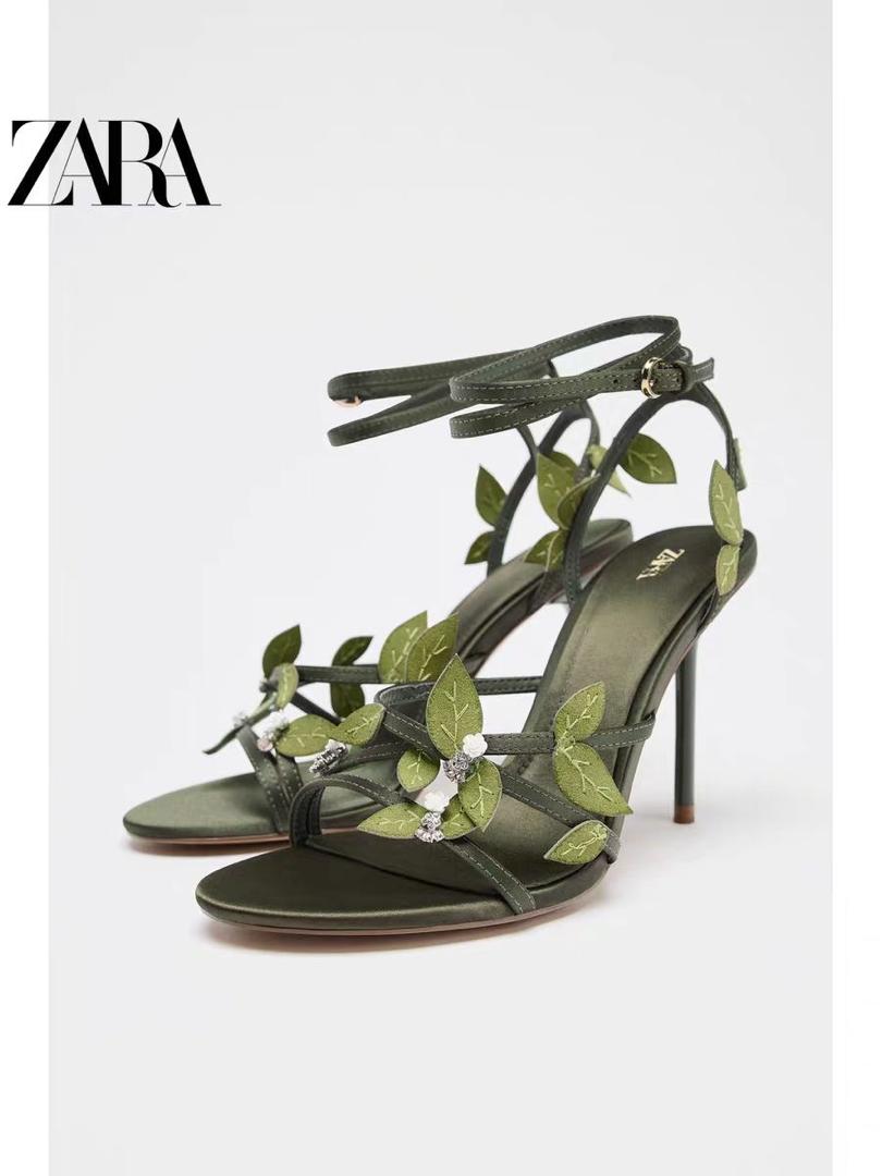 Zara satin effect floral high heel in green