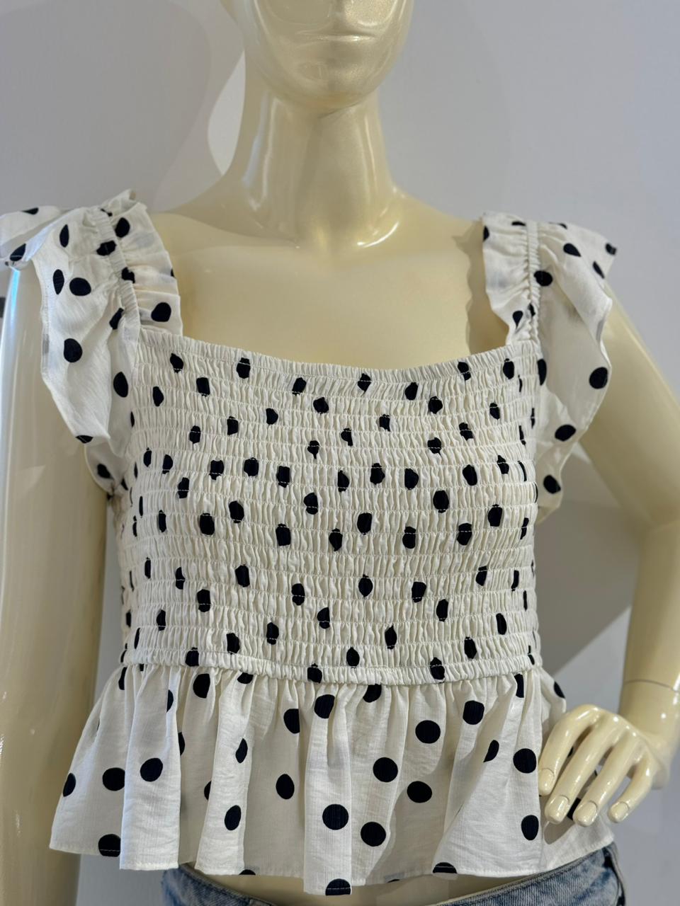 Primark white and black polka dot smocked top