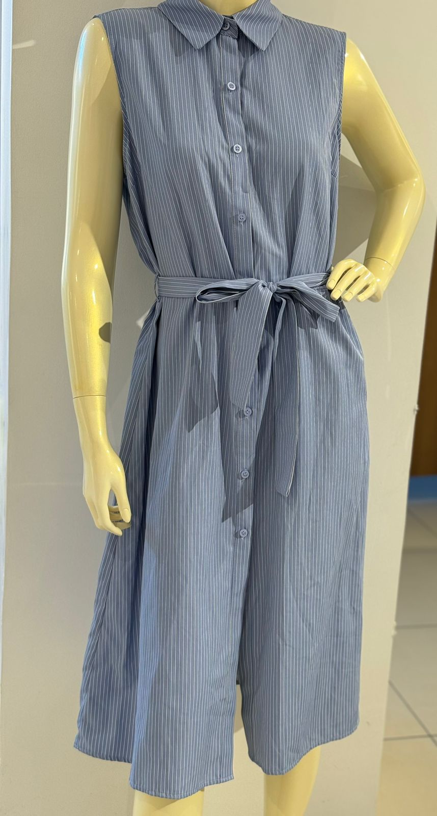 Primark blue and white striped sleeveless shirt dress with a belt