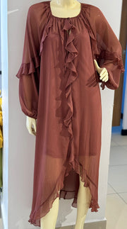Primark rust-colored dress with ruffles and long sleeves