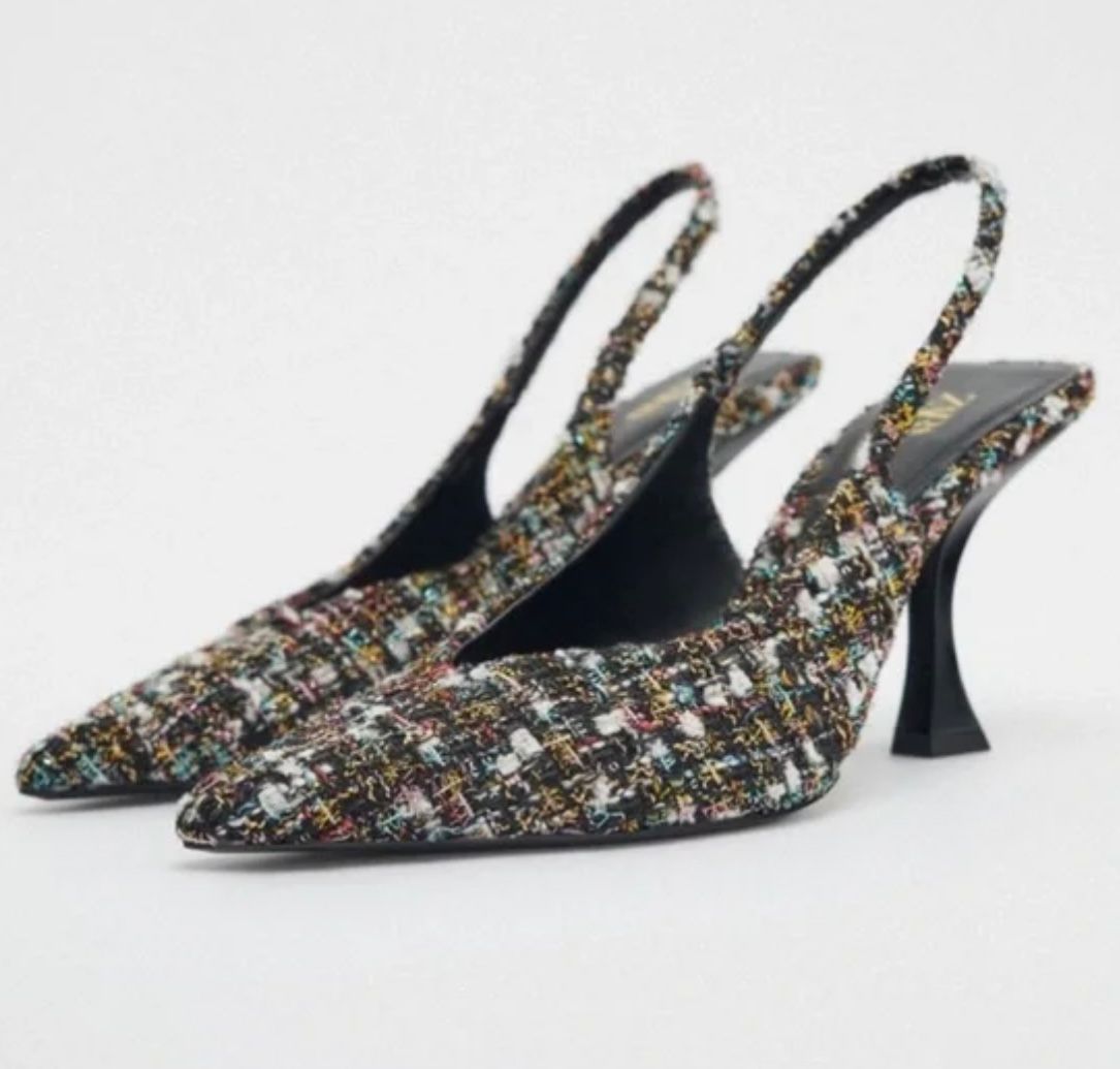 Zara black tweed fabric pointed toe Slingback heels