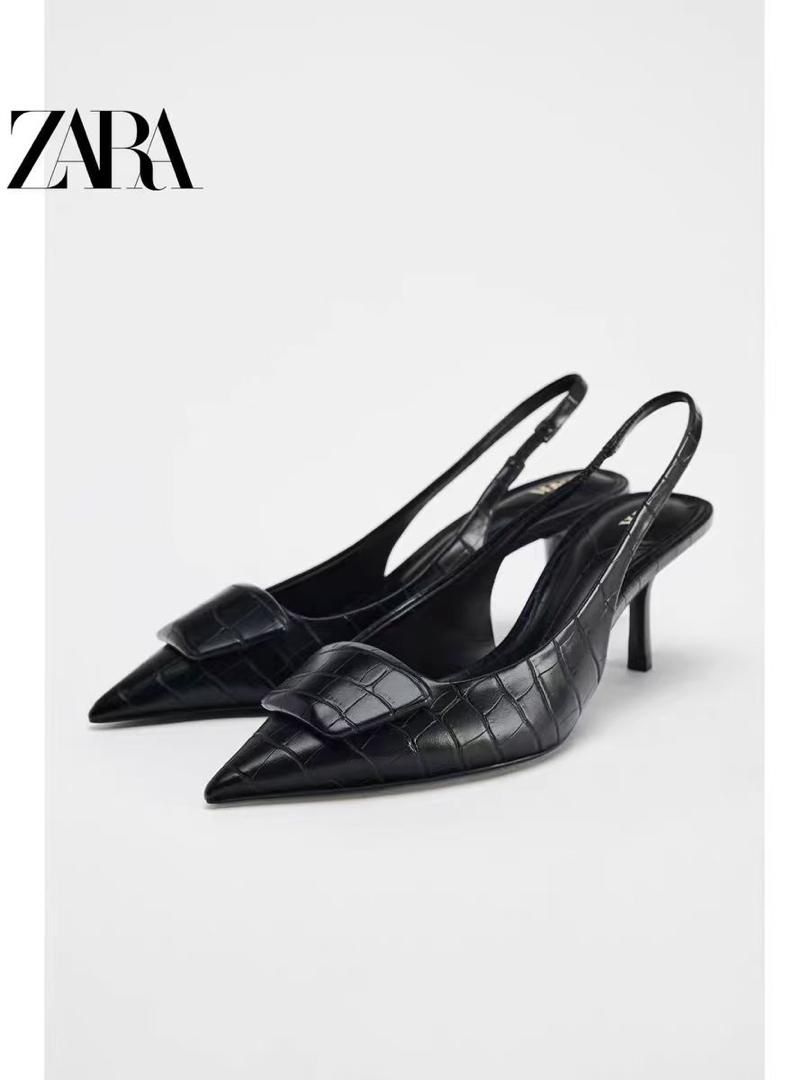 Zara black crocodile pattern Slingback pointed toe heels