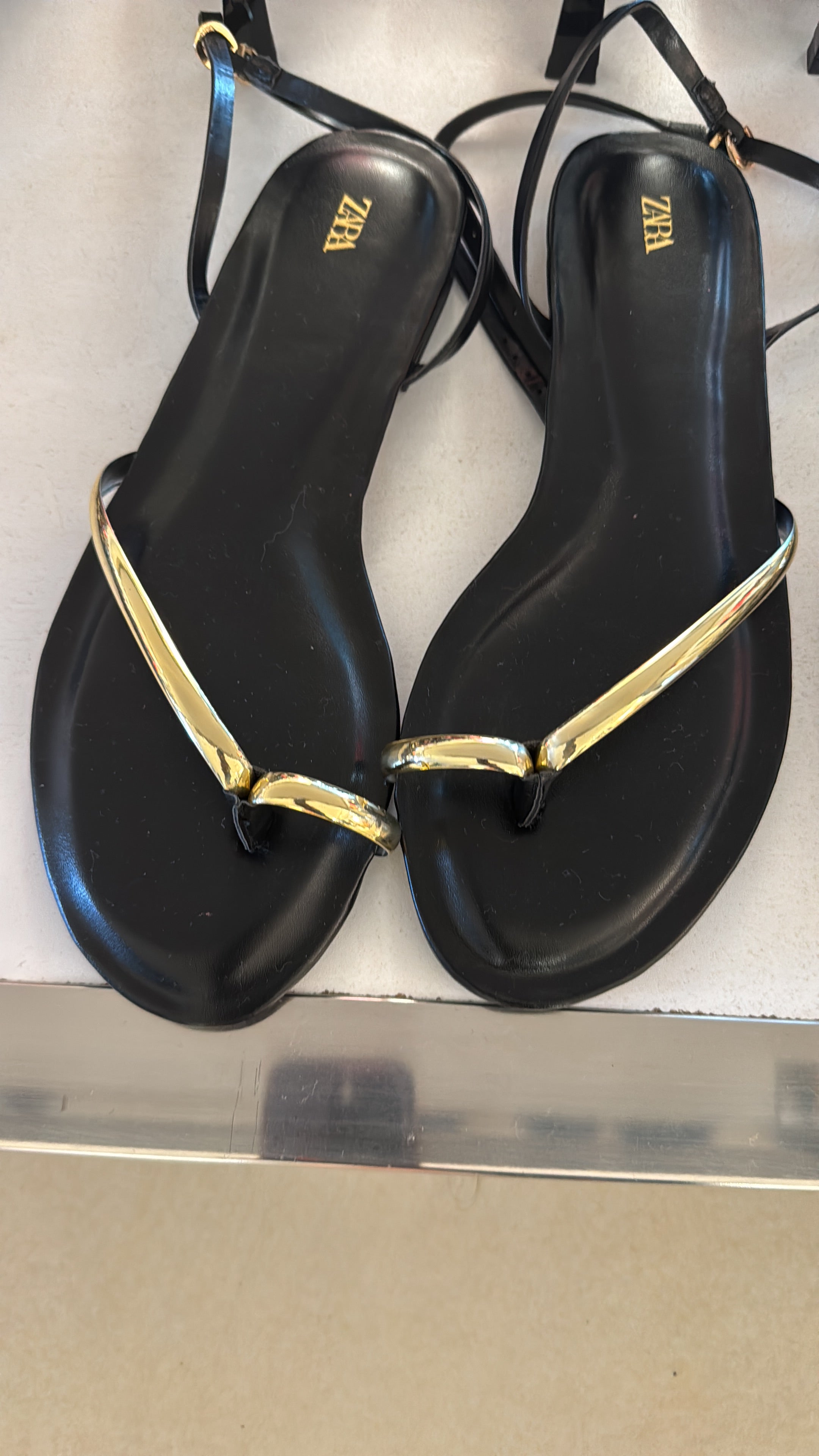 Zara sandals with metallic effect toe divider and ankle strap