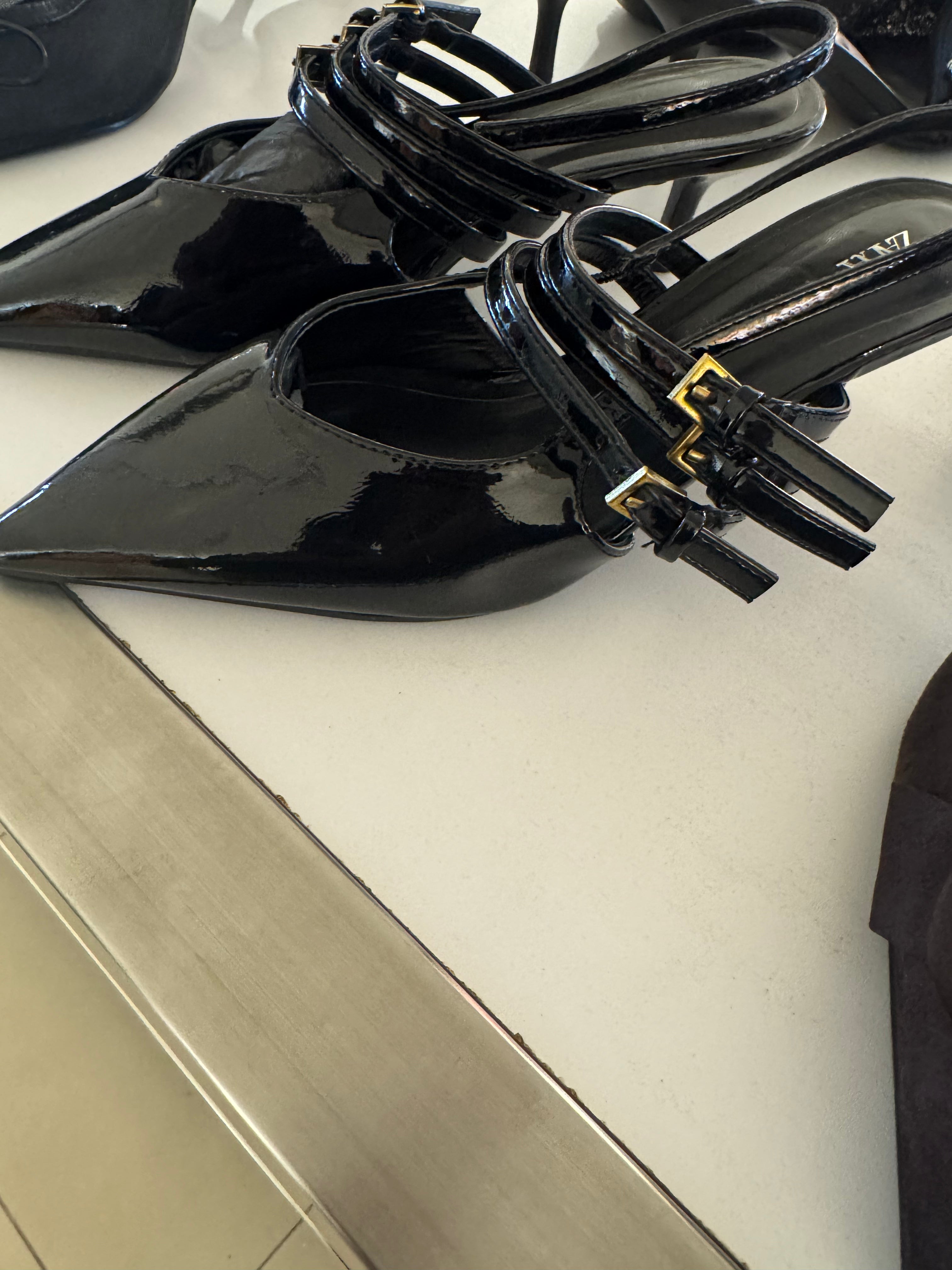 Zara black patent leather buckled Slingback heels
