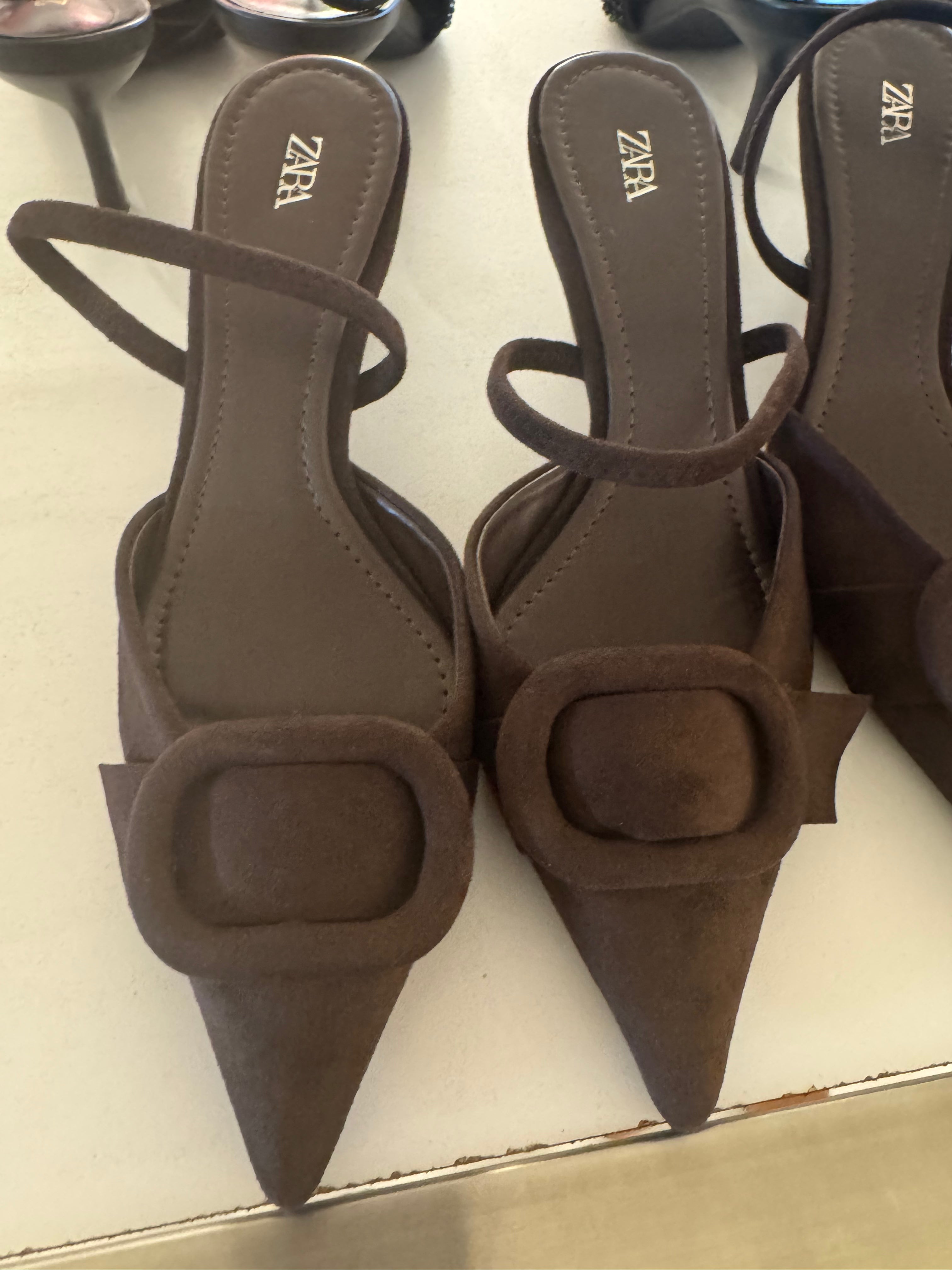 Zara brown Slingback heels with a pointed toe and a large buckle detail