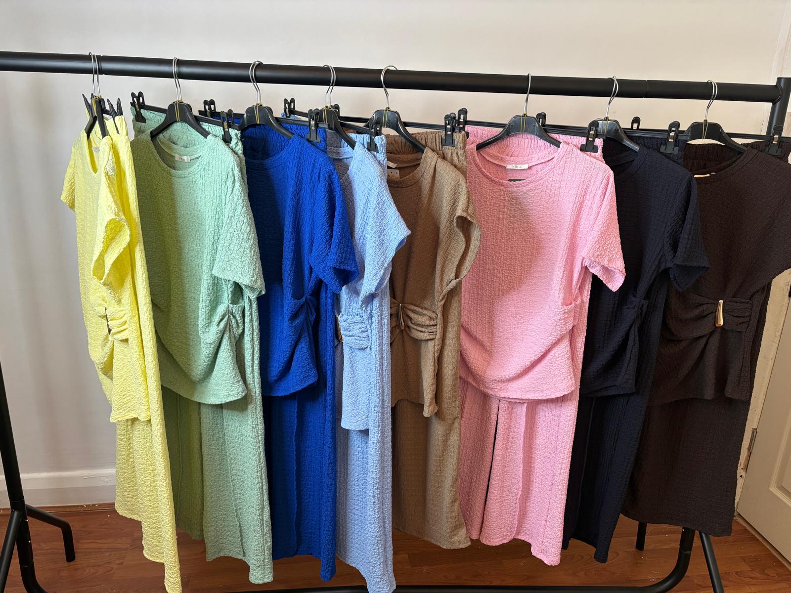 women's textured popcorn-knit co-ord loungewear sets with a gold buckle