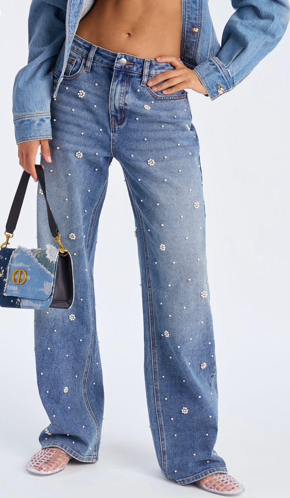 Fashionnova oh so pearly embellished straight leg jeans