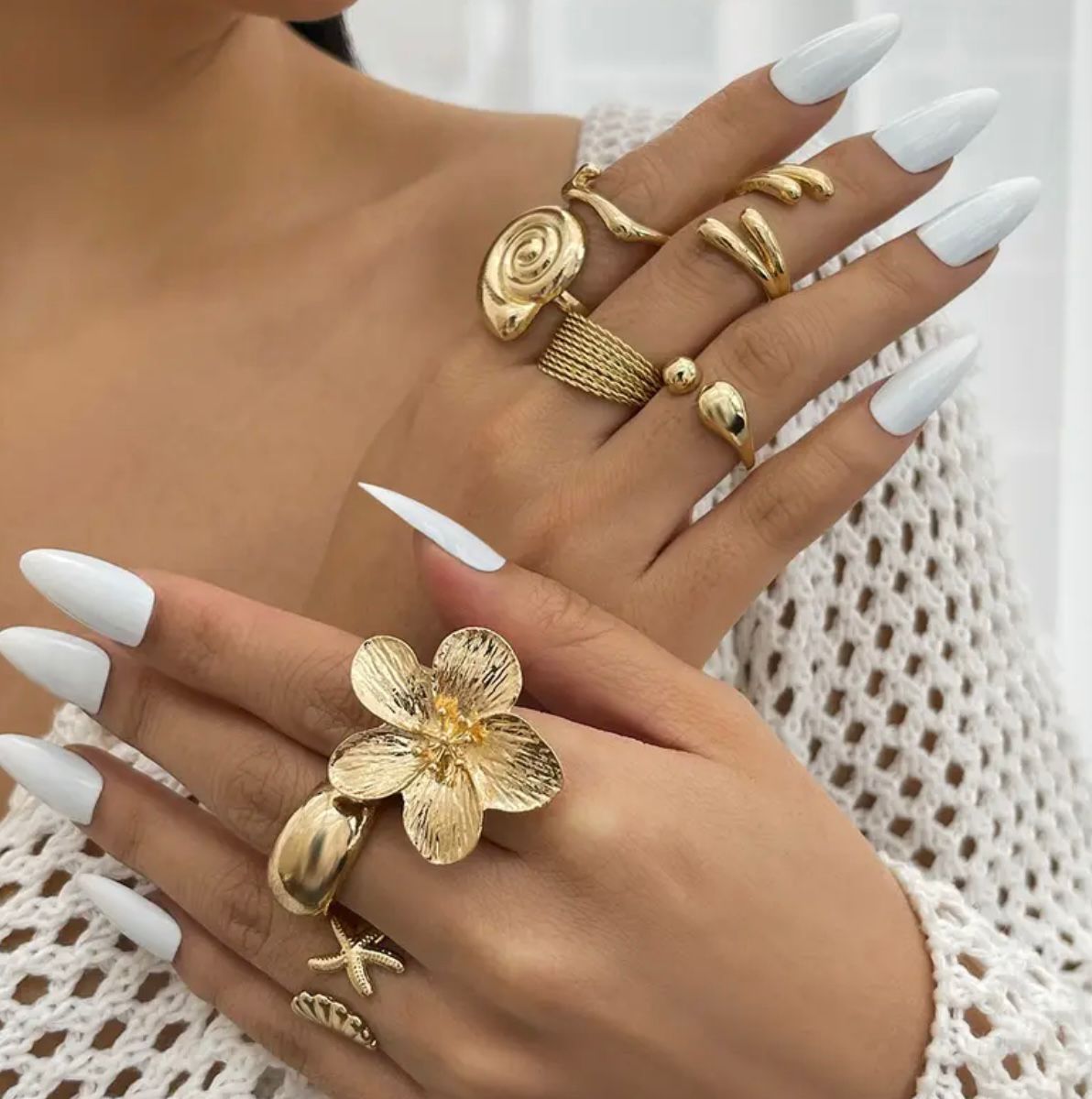 TEMU 8pcs golden tone starfish &shell dangle ring set