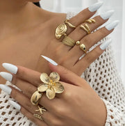 TEMU 8pcs golden tone starfish &shell dangle ring set