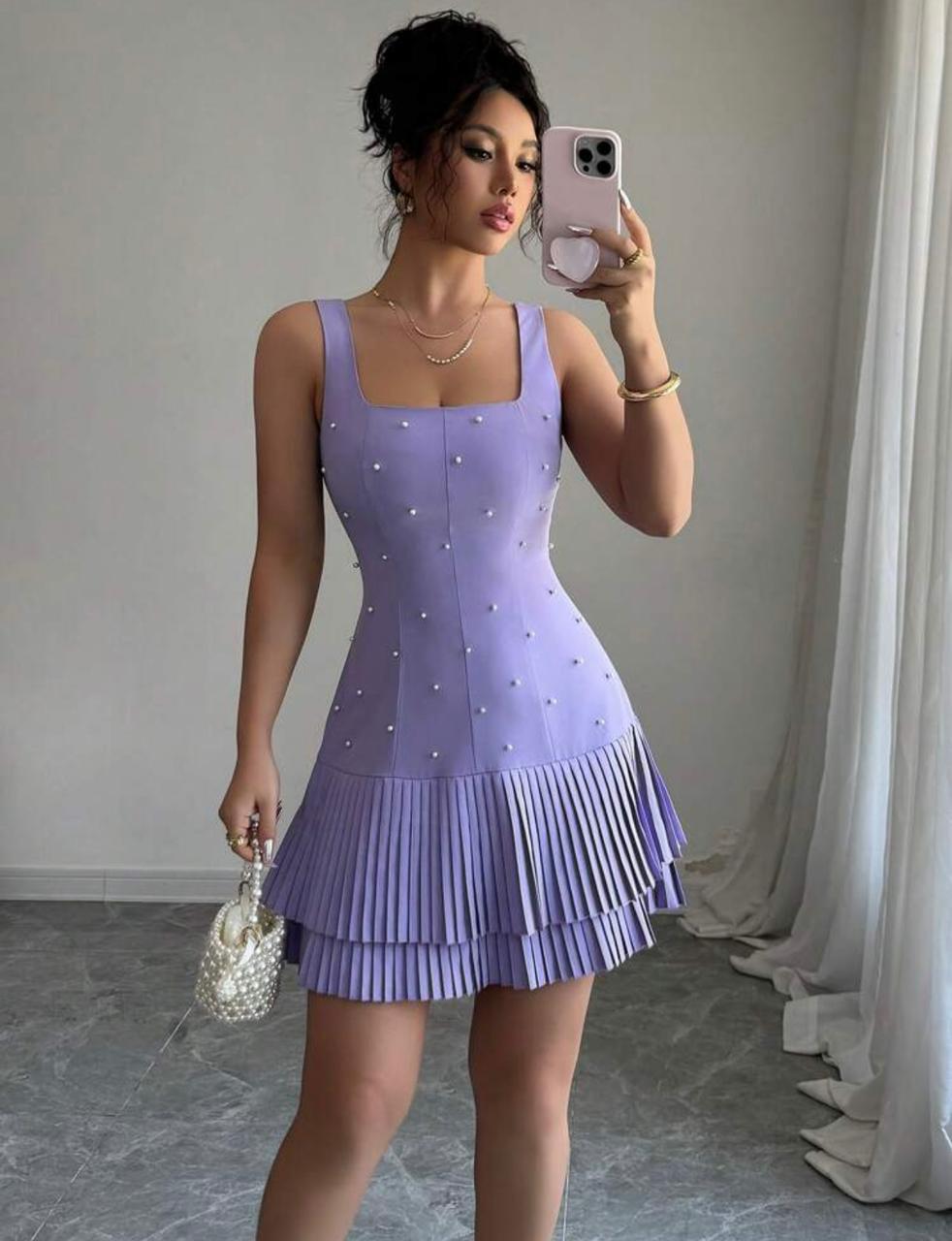 SHEIN beaded decor tiered ruffled hem dress