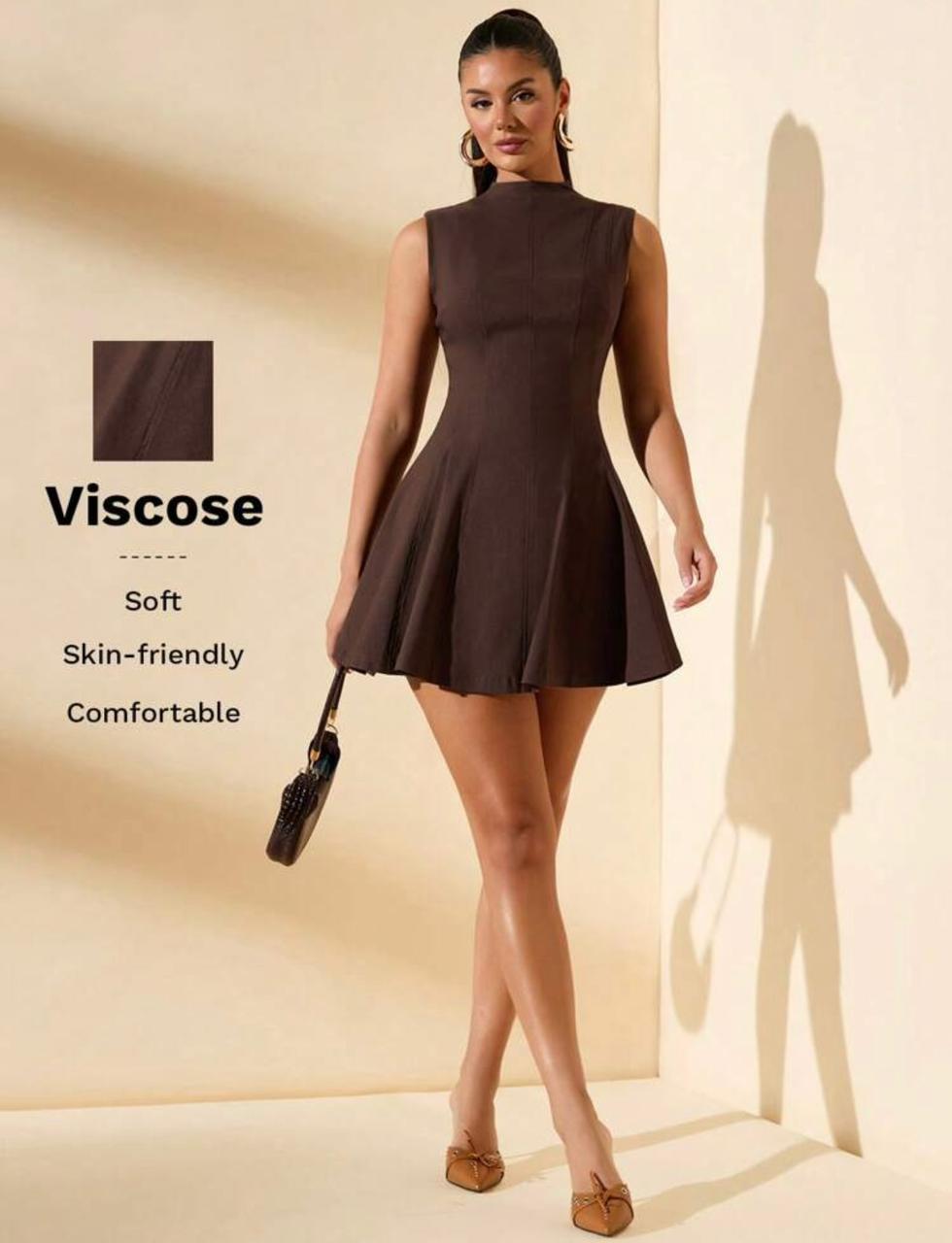 SHEIN women pleated mini dress sleeveless stand collar