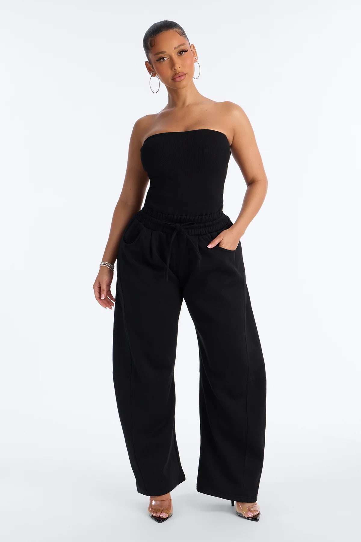 Knit Tube With Fleece Barrel Leg Jumpsuit