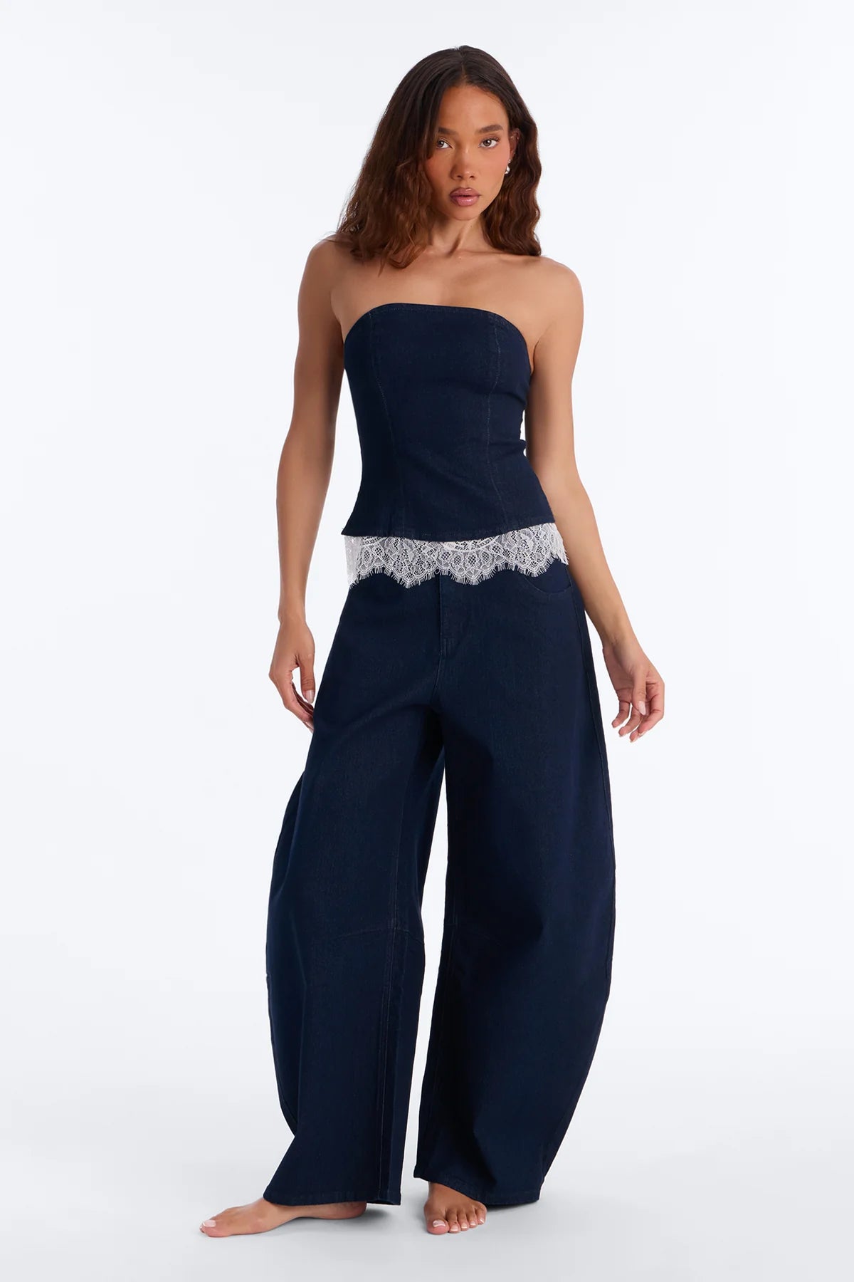 Strapless Denim Barrel Pant Set