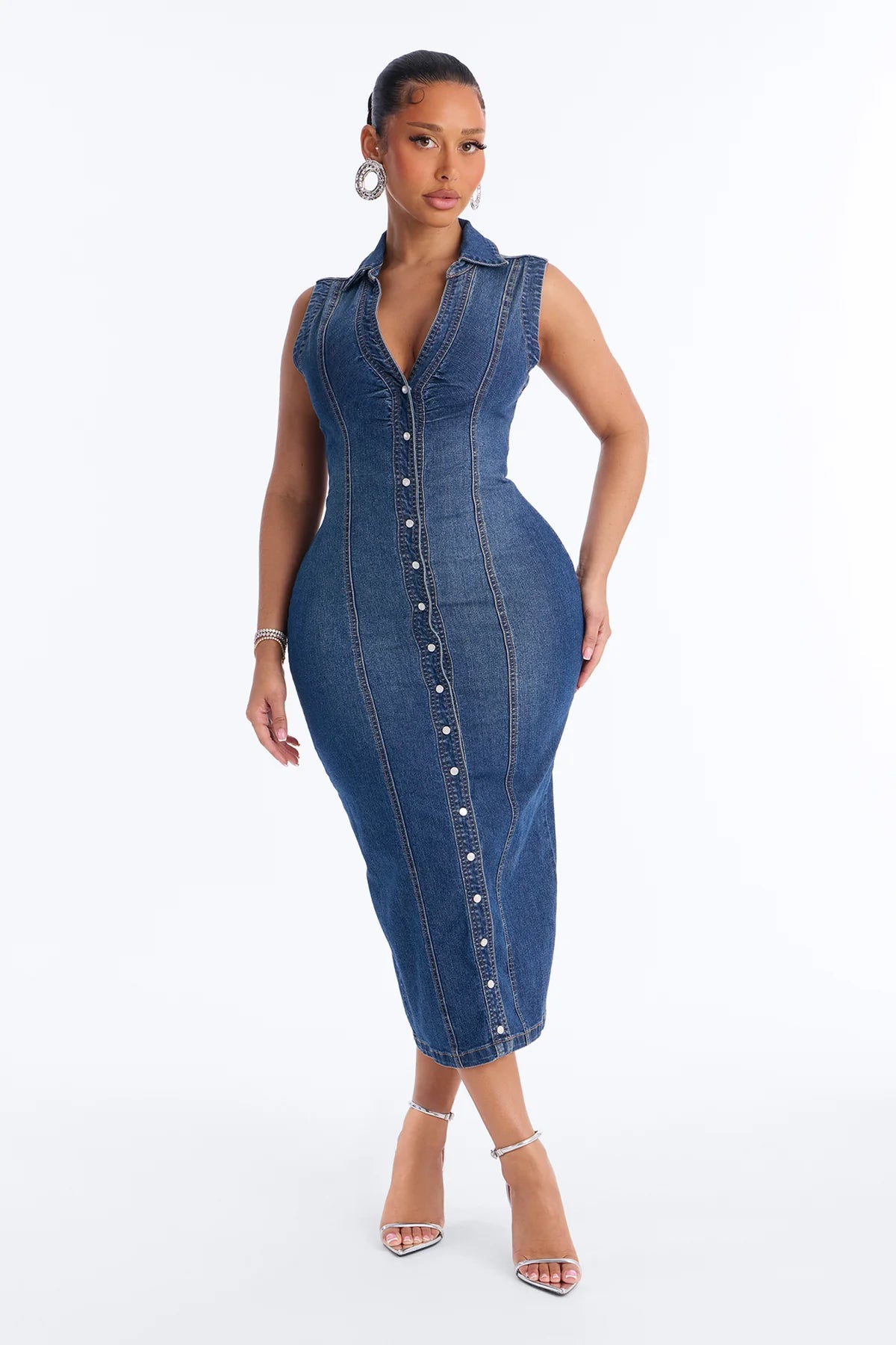 Stretch Denim Midi Dress