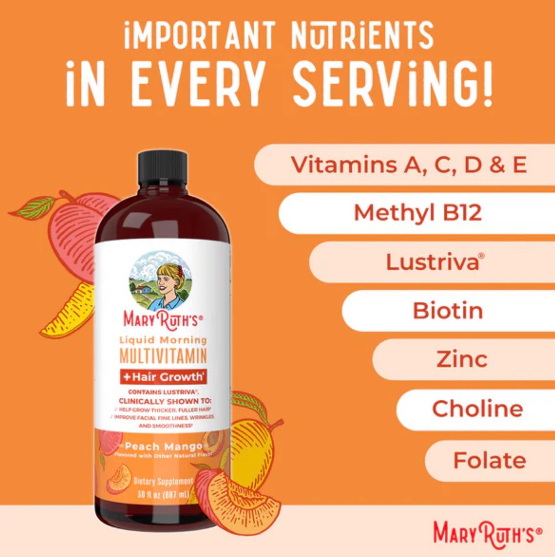 Mary Ruth's Liquid Morning Multivitamin + Hair Growth-Peach Mango