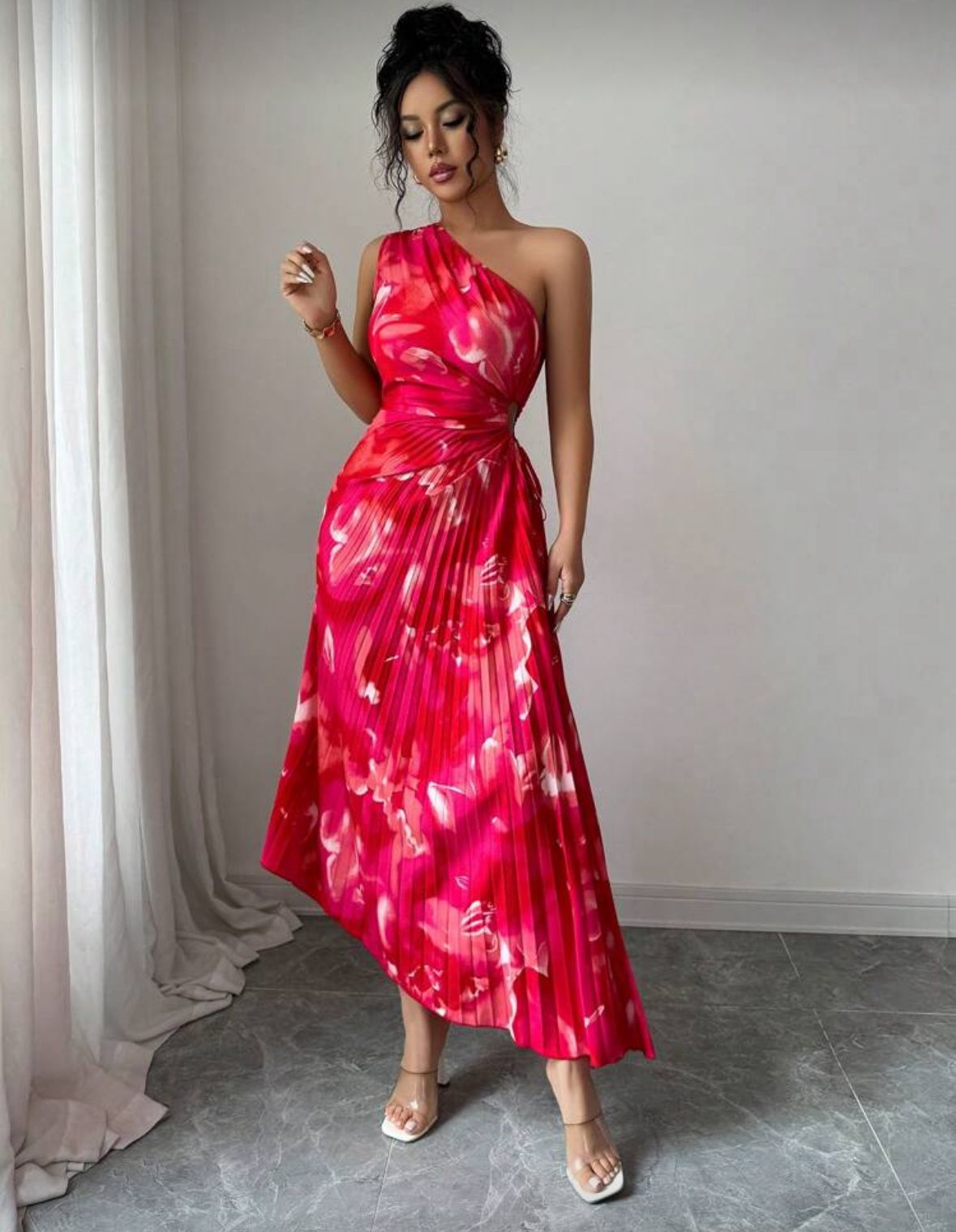 Shein Asymmetric Shoulder Pleated Waist Cut-out Printed Dress