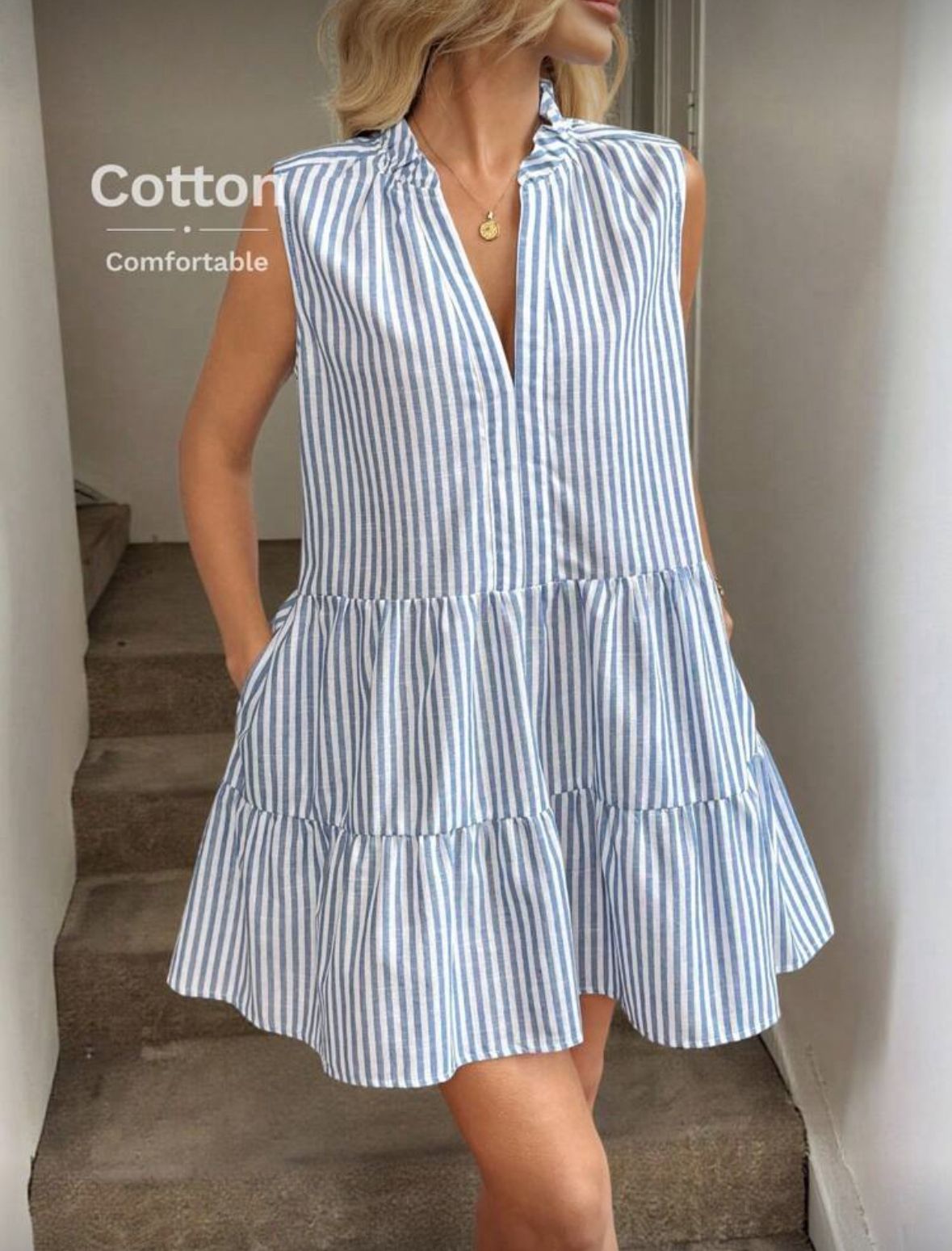 Shein V-Neck Ruffle Trim Layered Hem Swing Dress