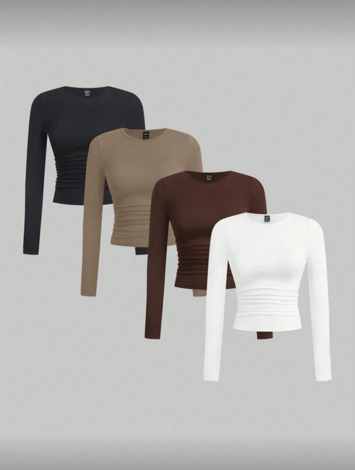 Shein 4pcs Round Neck Long Sleeve Ruched Bodycon T-Shirt