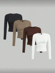 Shein 4pcs Round Neck Long Sleeve Ruched Bodycon T-Shirt