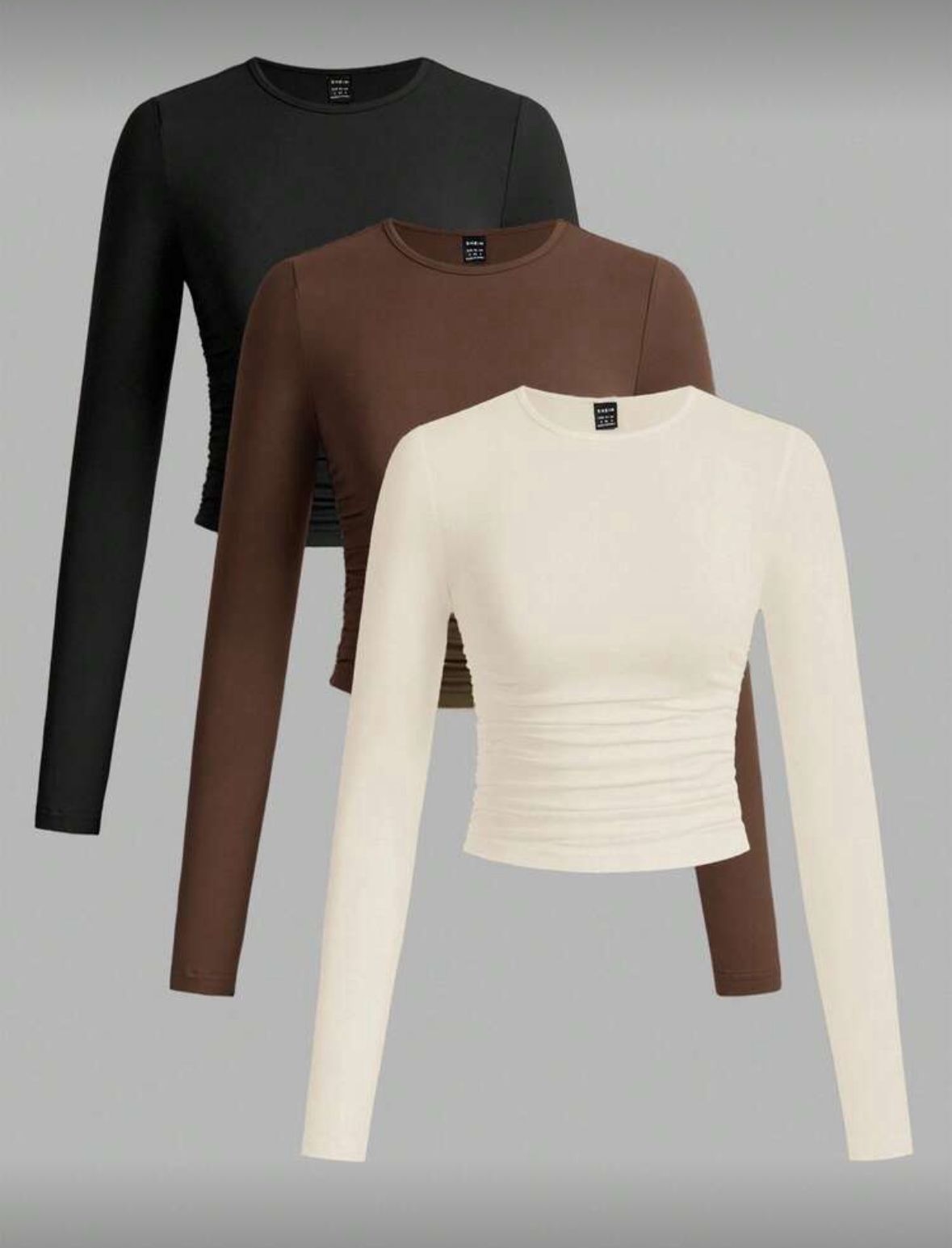 Shein 3pcs Round Neck Ruched Long Sleeve T-Shirt