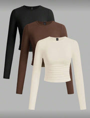 Shein 3pcs Round Neck Ruched Long Sleeve T-Shirt