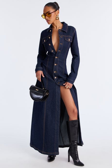 Deandara Long Sleeve Denim Stretch Maxi Dress