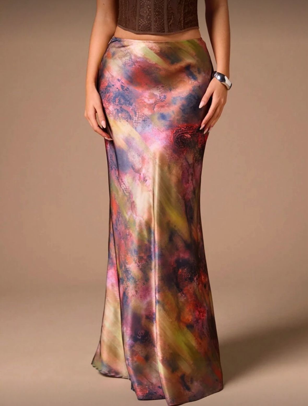 Glamine Elegant Versatile A line Mid-skirt with dot Print Maxi Satin