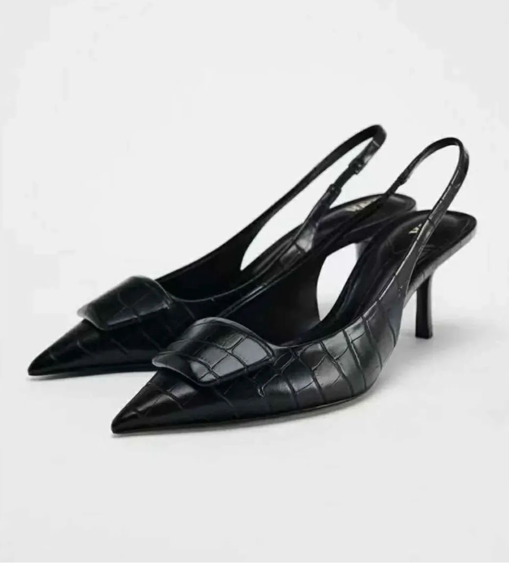 Zara Black Croc-embossed Kitten Heels Sling Back